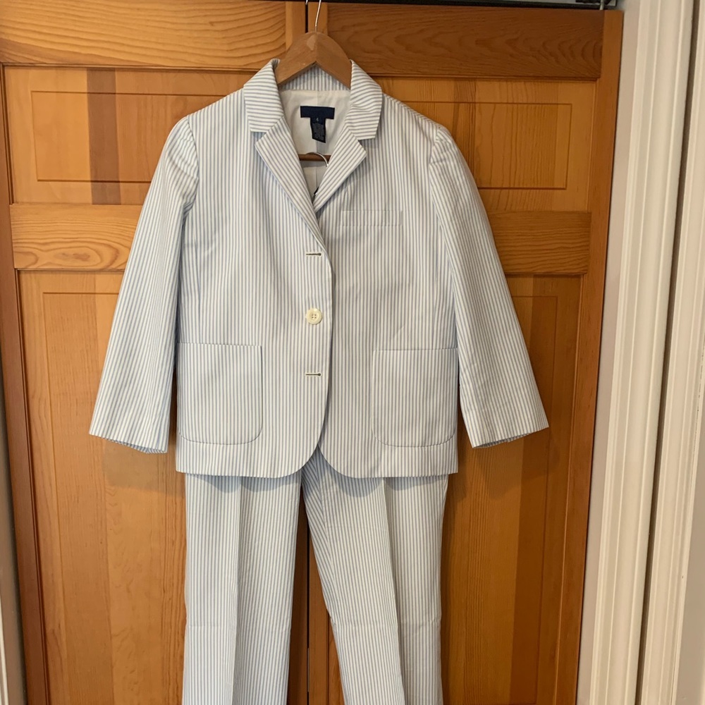 J Crew blue and white striped blazer and pants